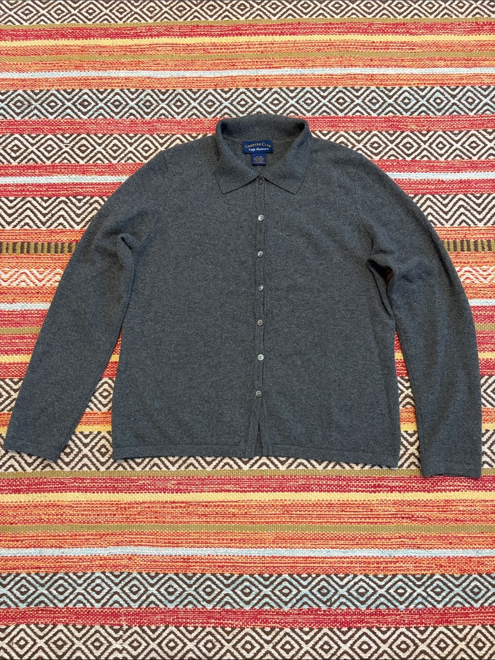 Charter Club Grey 2 Ply Cashmere Long Sleeve Button Front Collared Sweater M